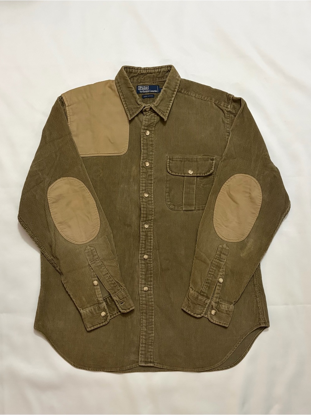 Ralph Lauren Olive Corduroy Elbow Patch Shirt Jacket with Khaki Accents Hunting